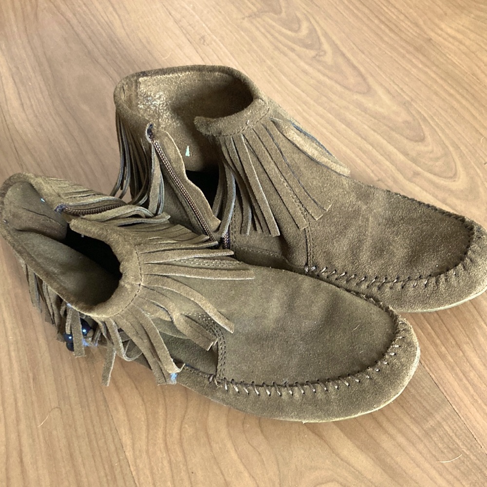 Chocolate brown Minnetonka moccasins